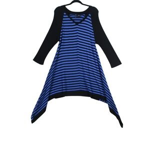 New Directions Woman Blue Black Striped Sharkbite Hem Tunic Sweater Top 1X